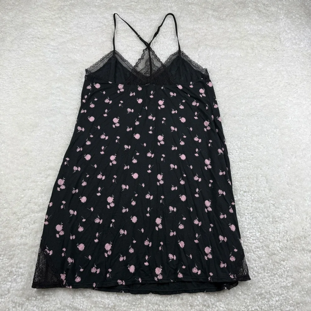 Victoria's Secret Nightgown Women Medium Black Floral Lace Trim Chemise Slip